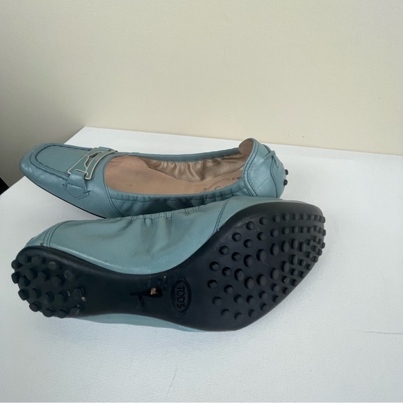 Tod’s Square Toe Ballet Flats Buckle Blue Leather - Picture 4 of 5